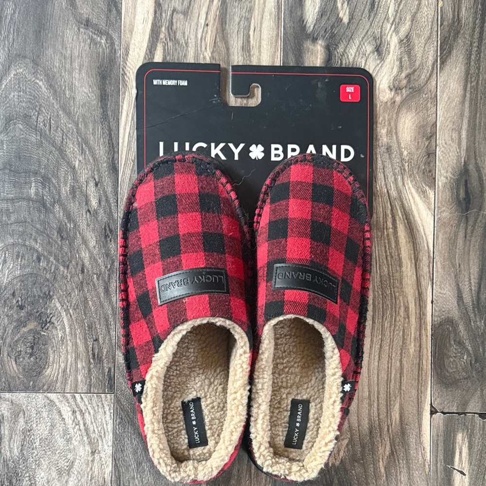 Lucky Brand Red and Black Plaid Slip-On Slippers